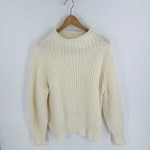Madewell Cream Chunky Ribbed Crewneck Wool Blend Sweater Size S Cozy Neutral